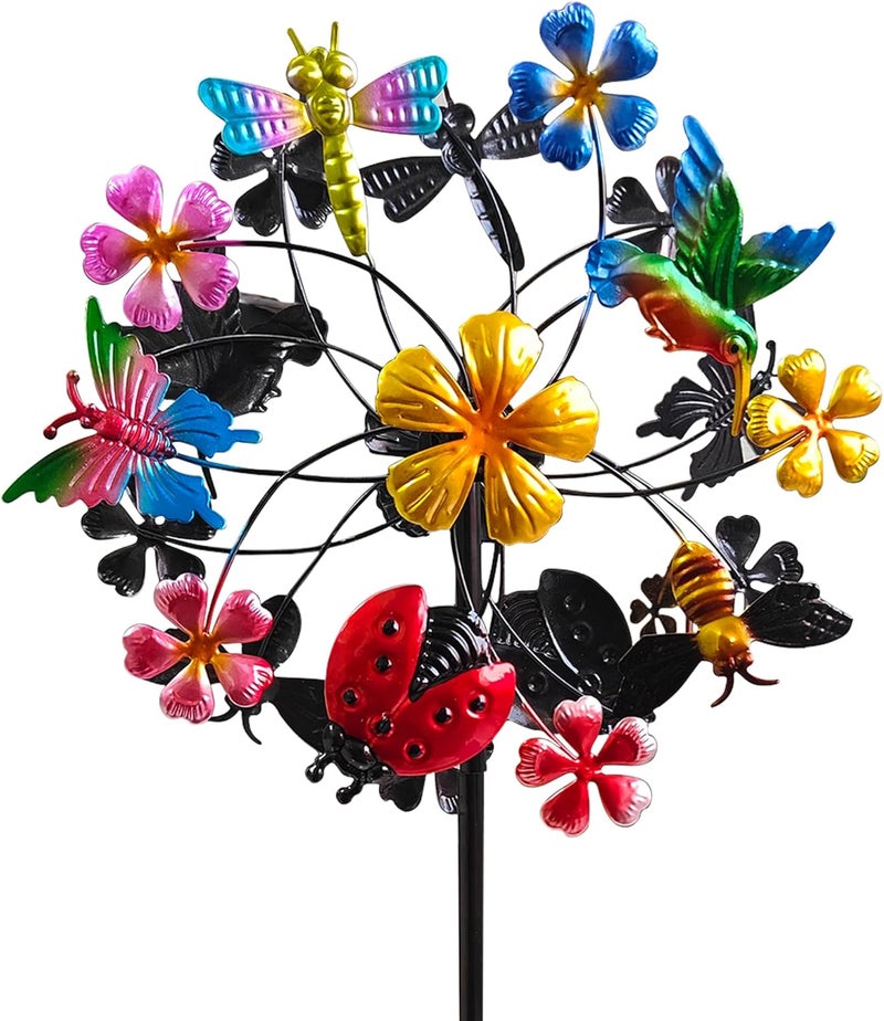 Senflame Flower Wind Spinners Outdoor, Metal Windmill with Hummingbirds, Butterflies and Bees, Pinwheels for Yard and Garden - Image 1
